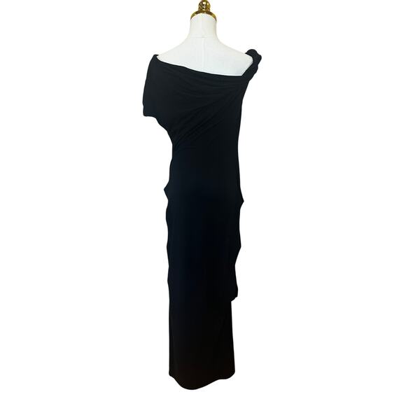 Paris Georgia Black Ruched Midi Dress MEDIUM Bodycon Off Shoulder Cocktail $250 - Picture 9 of 10